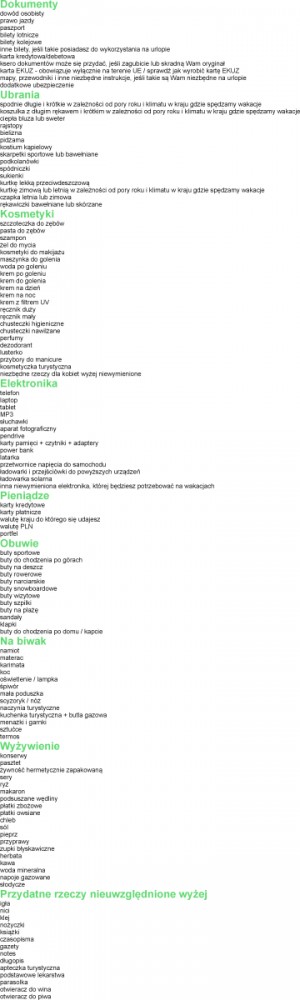 Lista do wydruku rzeczy niezbędnych na wyjazd.